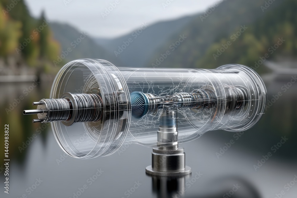 Poster intricate 3d rendering of a turbine model showcasing inner workings against blurred landscape, highl