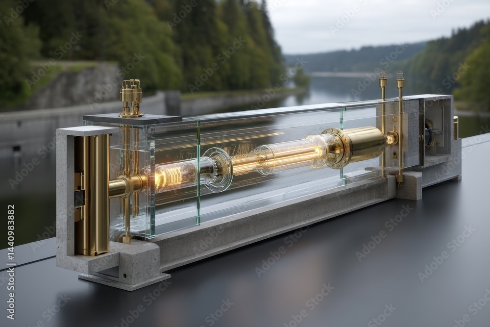 Poster close-up shot of the inner workings of a hydroelectric power generation system, showcasing the turbi