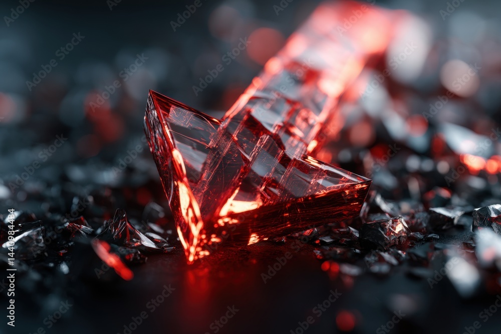 Poster a digitally created, luminous, red, crystal arrow pointing down with sharp edges, casting a soft, bl