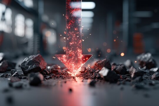 A glowing red downward arrow pierces through a pile of coal, symbolizing economic downturn and the decline of fossil fuels, energy and business challenges.