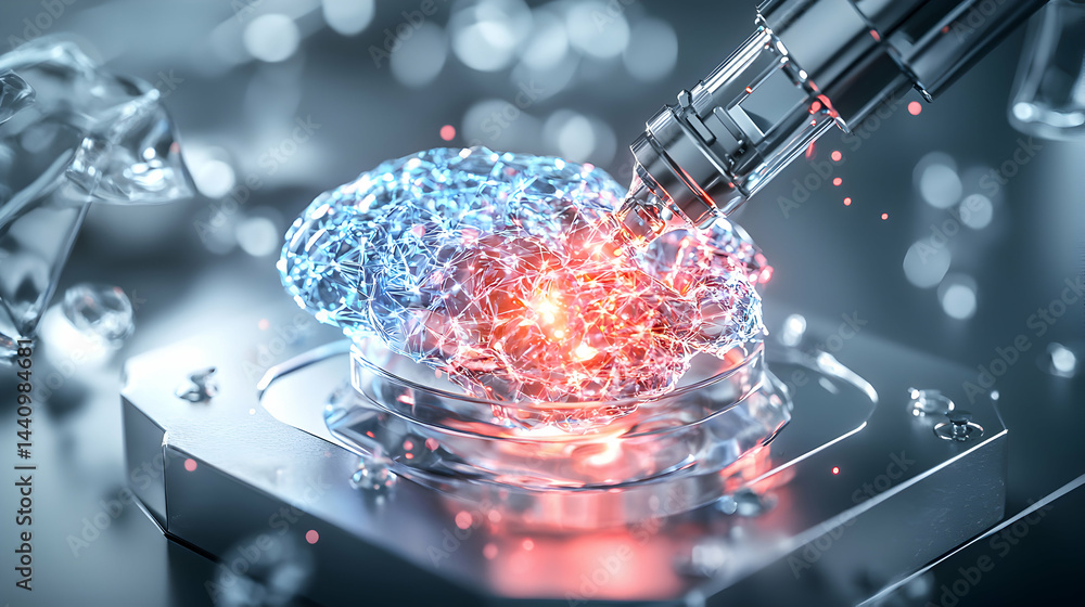 Poster an artistic depiction of neuroscience. it suggests advanced tech interacting with a digital brain. t