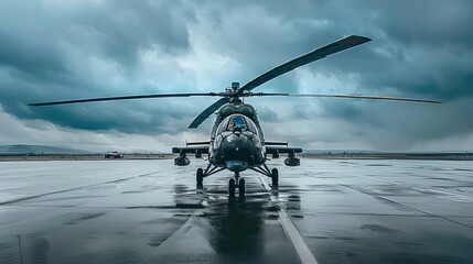 A black military helicopter parked on a wet runway, facing the camera with a stormy sky in the background.