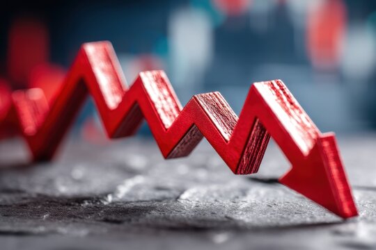 A prominent red arrow showing economic decline, with a zig-zag shape against a blurred background, indicating loss in the market, stock downturn, and financial instability.