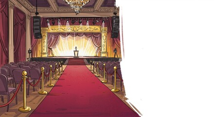 Obraz premium Elegant theater interior featuring a red carpet leading to a brightly lit stage with a podium, surrounded by velvet curtains and empty seating, creating a glamorous atmosphere