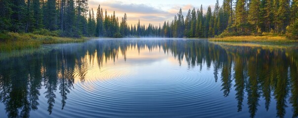 Fototapeta premium Serene lake reflecting tranquil forest at dawn.