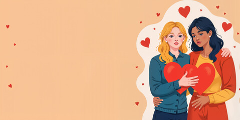 Fototapeta premium Two women sharing love with hearts against a warm background 