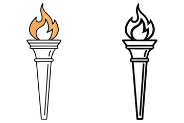 Torch Flames Icon Set, Orange Color Flame, Ancient Symbol Outline, White