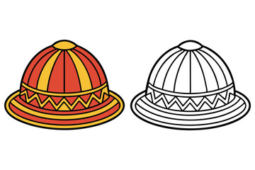 of pith helmet with red, yellow color and line art on white