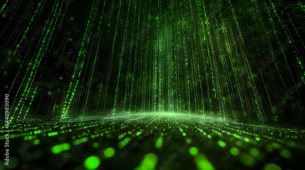 Poster a mesmerizing green light pattern resembling digital data streams, creating a sense of depth and mot