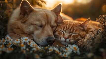 Adorable golden dog and ginger cat sleeping peacefully together in flowers pets cute love warm soft