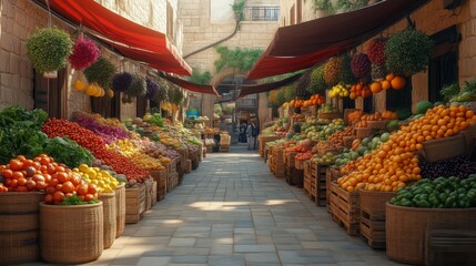 Fototapeta premium Fresh Produce Market Stall with Colorful Fruits and Vegetables
