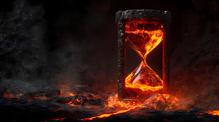 An artistic hourglass filled with molten lava, set against a dark, textured background suggesting volcanic activity. the scene evokes themes of time. Time Crucible. Illustration