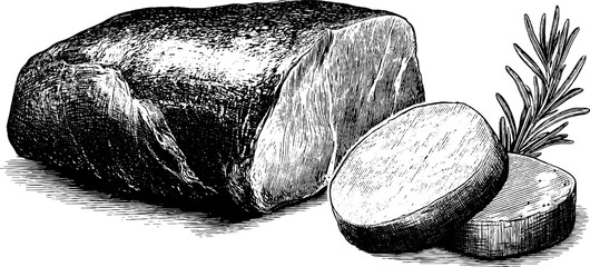 Engraved illustration of lamb loin and herbs for culinary design