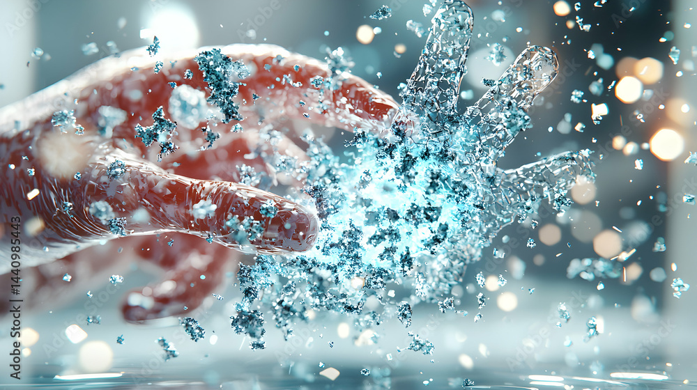 Poster A conceptual image showing a hand transforming into a crystalline structure representing change. Use for visualizing concepts of energy and transformation.