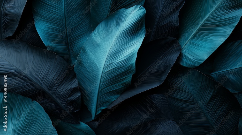 Aufkleber Close up of a bunch of leaves with a blue background. The leaves are dark and the background is a deep shade of blue. The leaves are arranged in a way that creates a sense of depth
