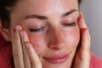 Close-up of a young woman with closed eyes gently massaging her face with her fingers, focusing on skincare and self-care, promoting relaxation and well-being.