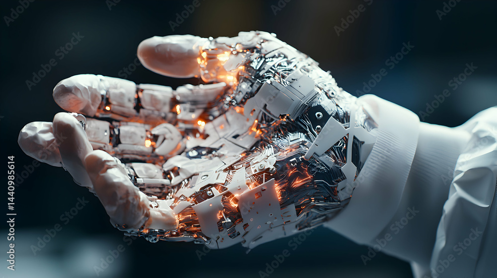 Poster a detailed image of a robotic hand reveals intricate internal components and glowing circuits. excel