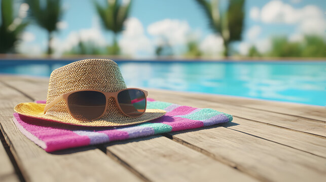A straw hat and sunglasses are on a towel by a pool - Powered by Adobe