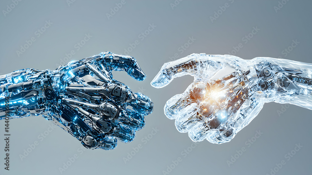 Poster robotic hands reaching out representing a technological collaboration. ideal for ai websites tech co