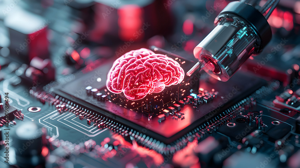 Poster an image depicting a glowing brain over a circuit board suggesting technological advancements in art