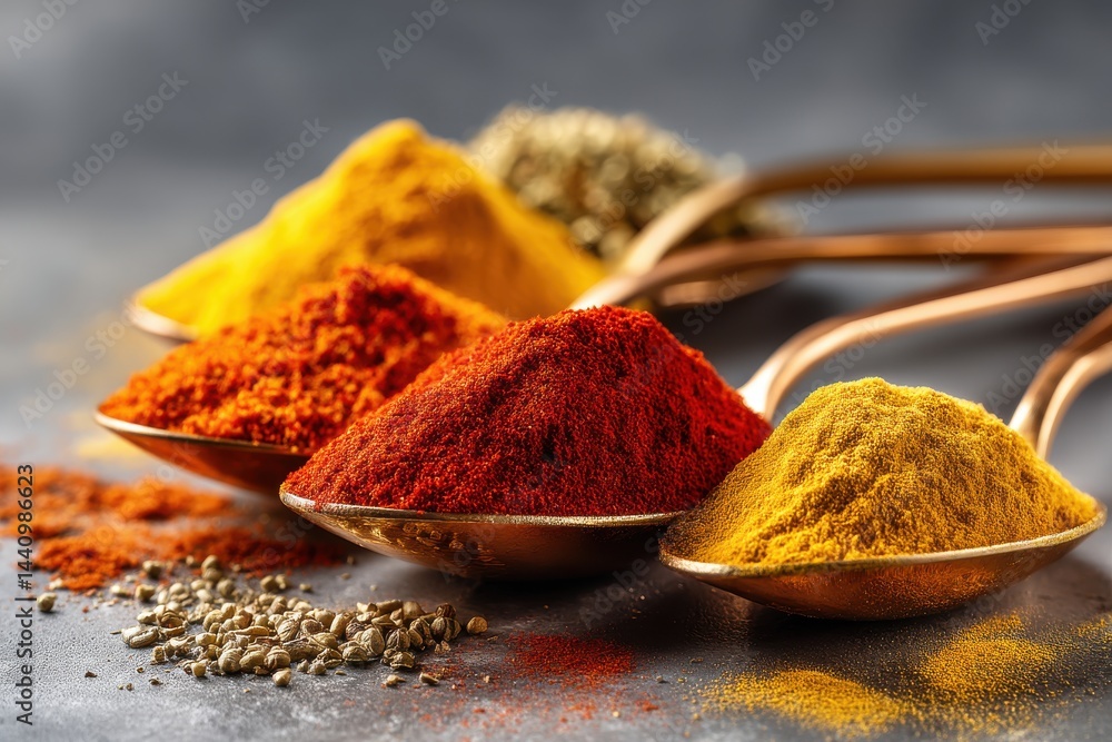 Poster a vibrant array of colorful spices arranged on golden spoons over a dark background, showcasing the 