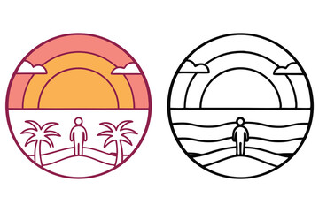 Stylish Beach Badge with Palm Trees, Rainbow, Waves, and Person Outlined