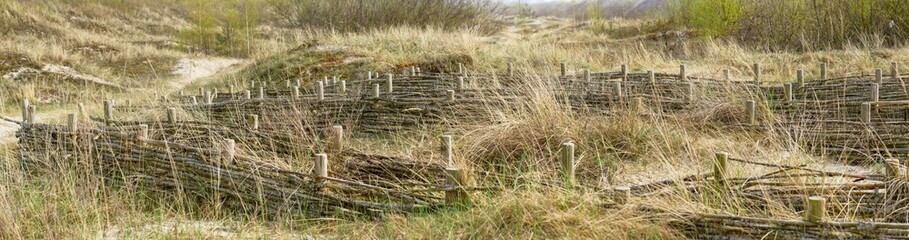 Dune landscape. Dune reinforcement. Wicker fences on the beach to delay sand movement. Panoramic photo.