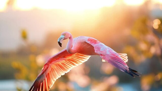 Pink flamingo flying with wings open