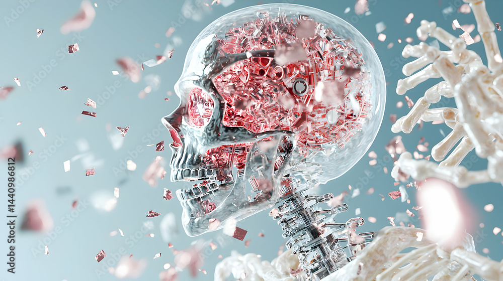 Poster a futuristic rendering of a human skull revealing internal mechanical components within a transparen