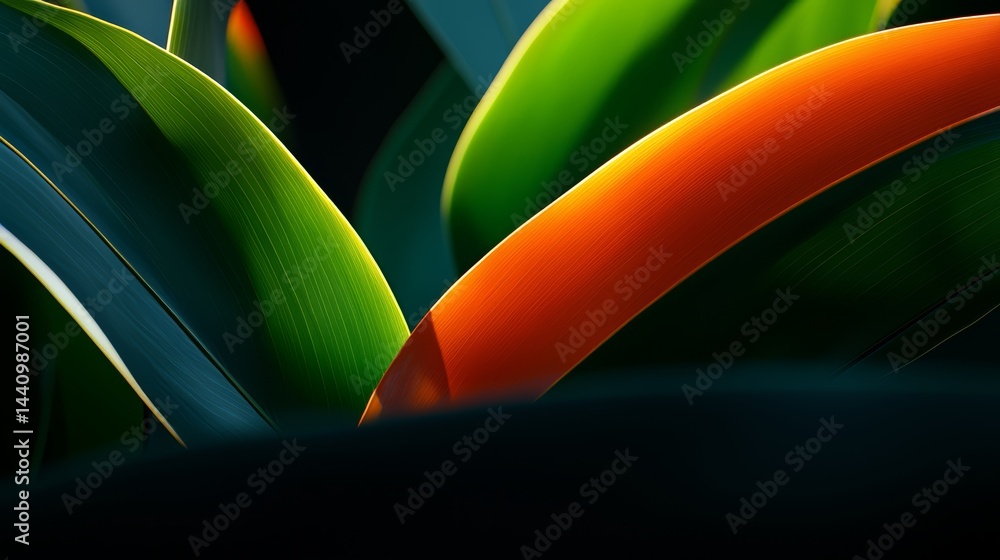 Poster close up of a leaf with a green stem and orange tip. the leaf is surrounded by other leaves, creatin