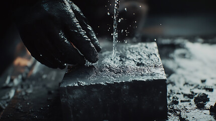 Hand Pouring Water onto a Charcoal Block