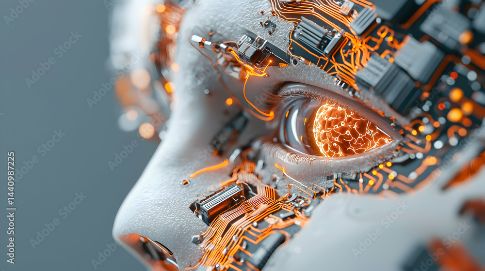 Poster a cyborg's eye glows with intricate circuitry and a glowing brain. use this image for futuristic tec