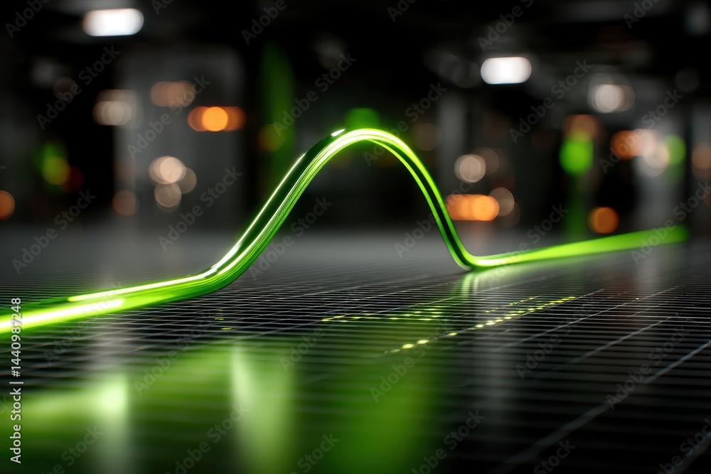 Poster a close up of a green neon light forming a wave on a grid surface with lights blurred in the dark ba