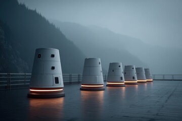 Obraz premium A futuristic array of modular living units on a platform with misty mountains in the background, a modern design concept for sustainable living and innovative architecture.