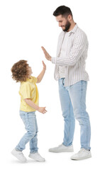 Happy father and his son on white background