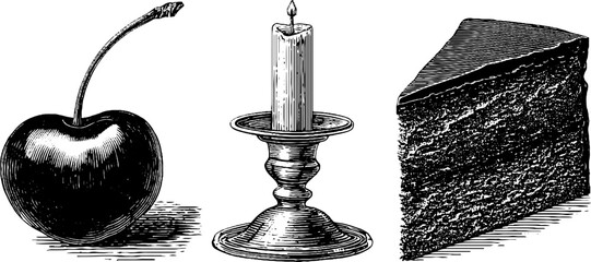 Obraz premium Vintage engraving of cake slice, cherry, and candle for decorative design