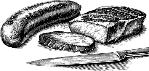 Engraved culinary art of smoked pork and grill elements for design