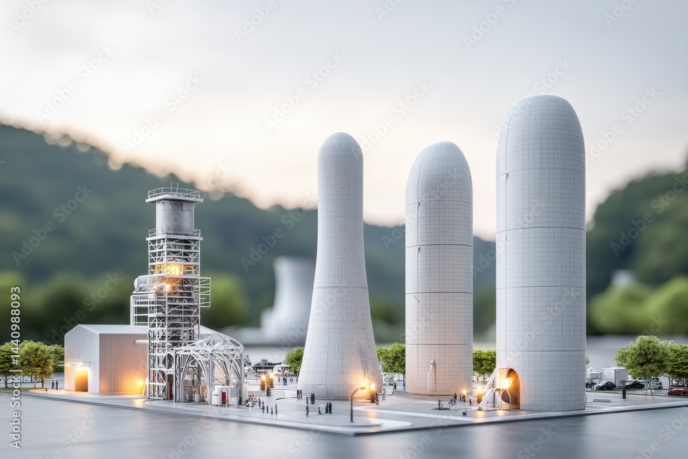 Poster a miniature model of a futuristic power plant with cooling towers and structures, showcasing modern 