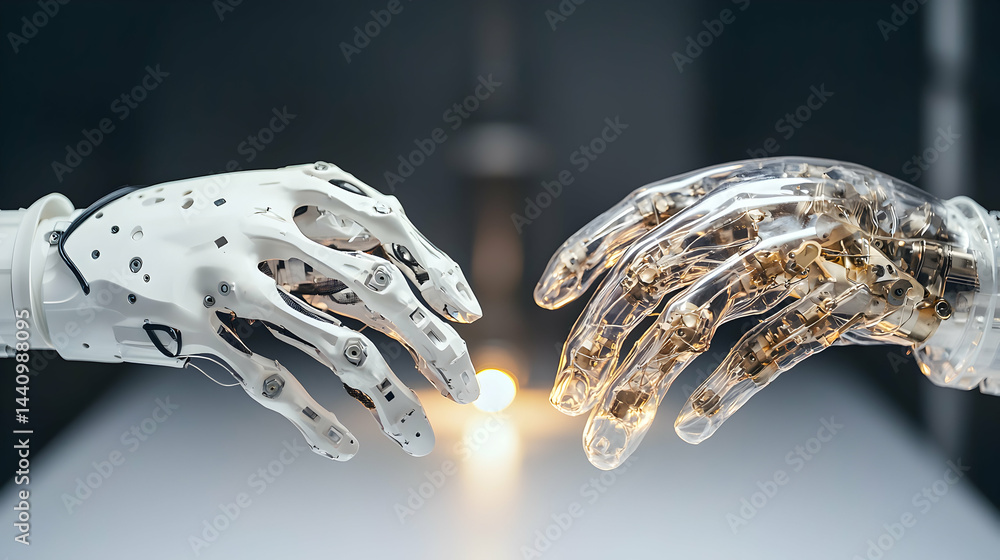 Poster two robotic hands reach towards each other symbolizing connection or the future of technology. possi