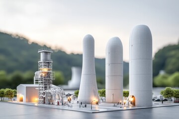 A miniature model of a futuristic power plant with cooling towers and structures, showcasing modern architecture and engineering design against a backdrop of nature
