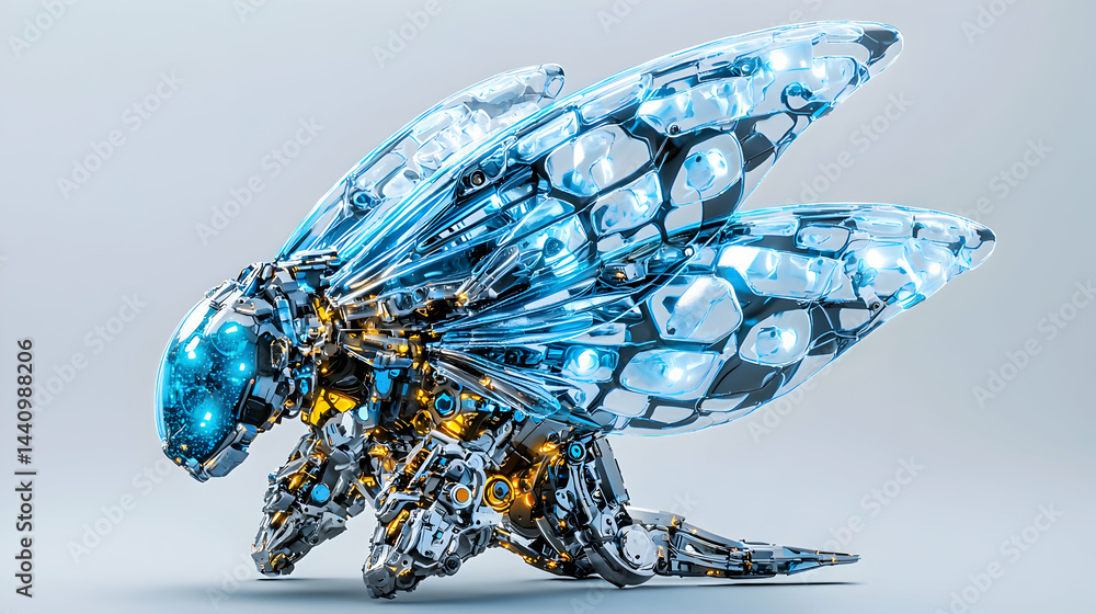 Poster a futuristic robotic insect concept with bioluminescent wings and mechanical components. ideal for s