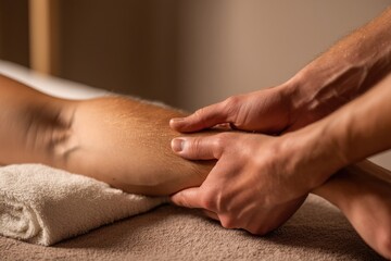 A close-up of therapist's hands massaging a patient's lower leg during a therapy session, promoting relaxation and muscle recovery with gentle touch.