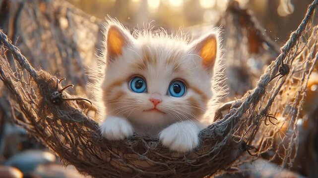 Cute kitten on a swing. Funny unreal digital art
