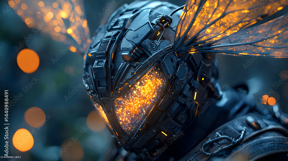 Poster a futuristic insectoid helmet glows with intricate details. suitable for sci-fi character design or 