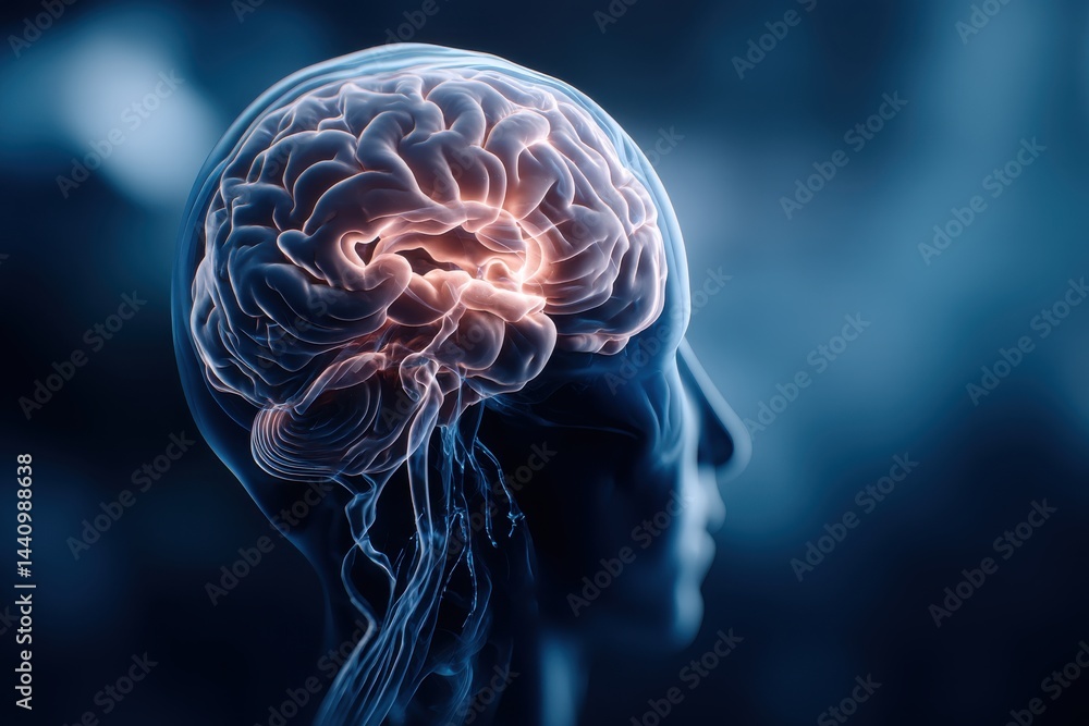 Poster a detailed 3d render depicting a human brain with an active area highlighted, shown in a semi-transp