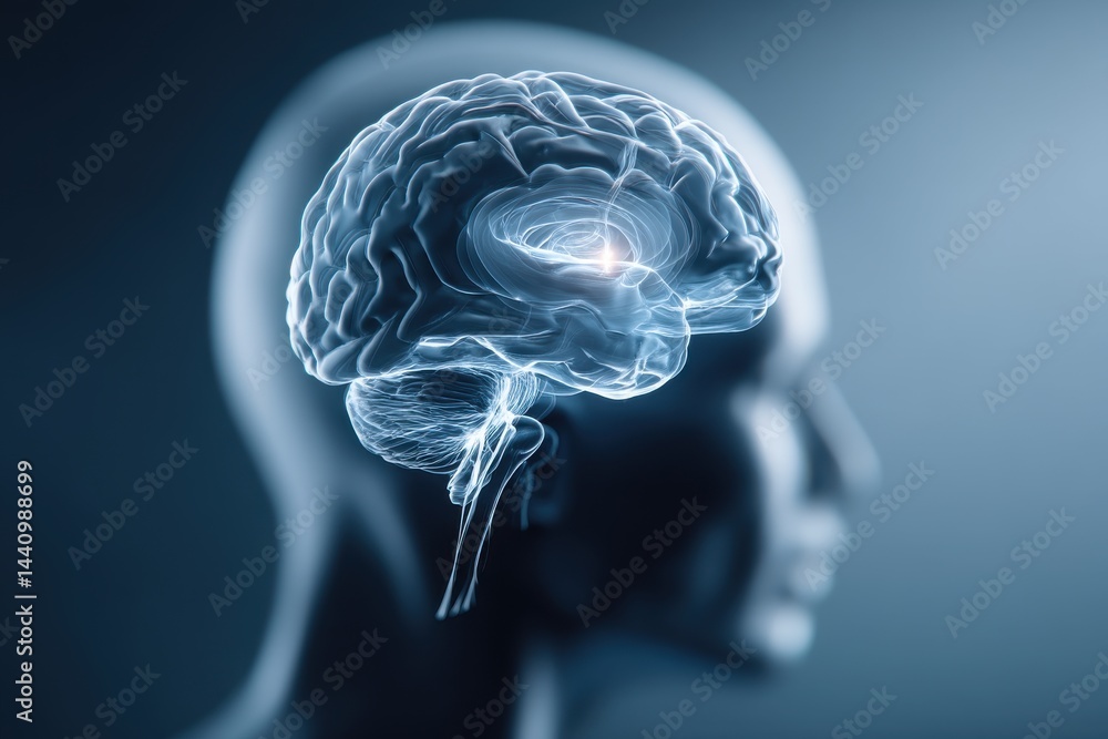 Poster a detailed 3d rendering of a human brain inside a transparent head, highlighting neural activity wit