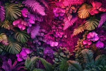 Vibrant floral wall display with tropical plants.