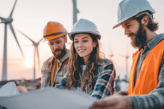 A team of engineers reviewing blueprints at a wind farm during sunset, showcasing collaboration and the future of renewable energy, highlighting their expertise and commitment.