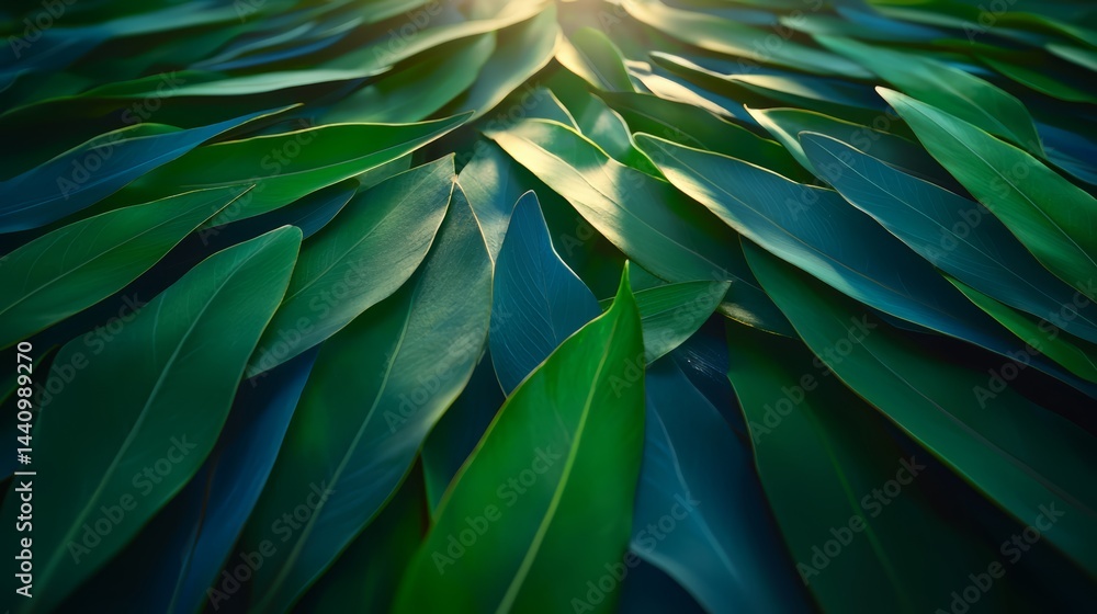 Aufkleber close up of green leaves with the sun shining on them. the leaves are arranged in a way that they lo