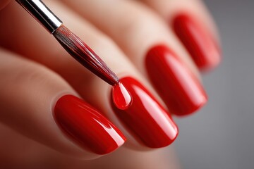 Obraz premium Close-up shot of a nail artist applying glossy red nail polish with a brush, showcasing the manicure process and smooth, vibrant color on the nails.